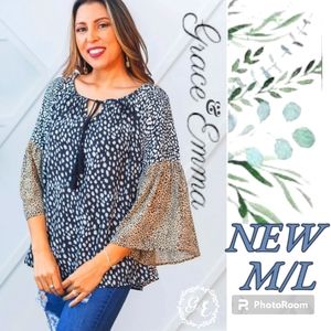 NEW "Sunday Kind of Love" MIX Animal Print FLOWY Boho Bell Sleeve Blouse Sz M/L